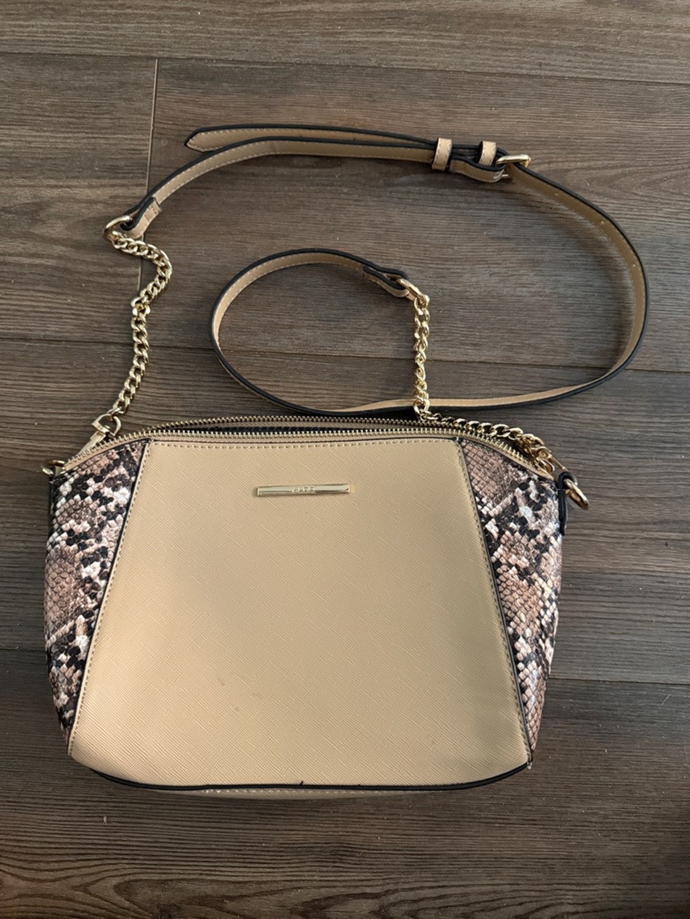 Aldo Beige Saffiano Crossbody Bag with Snakeskin Trim